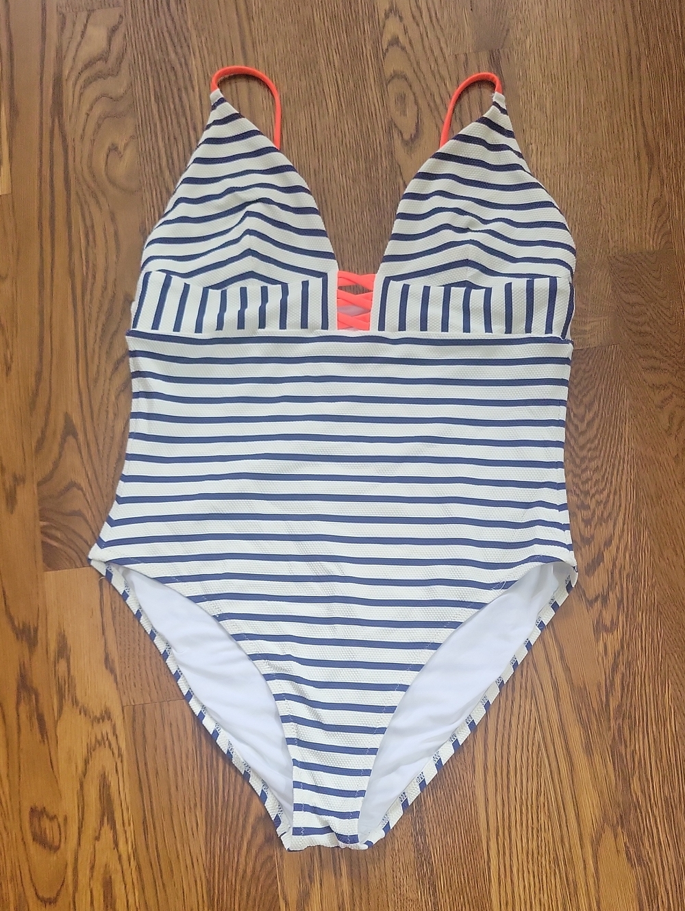 J. Crew Navy & White Stripe One-Piece Swimsuit with Coral Accent, Size 12